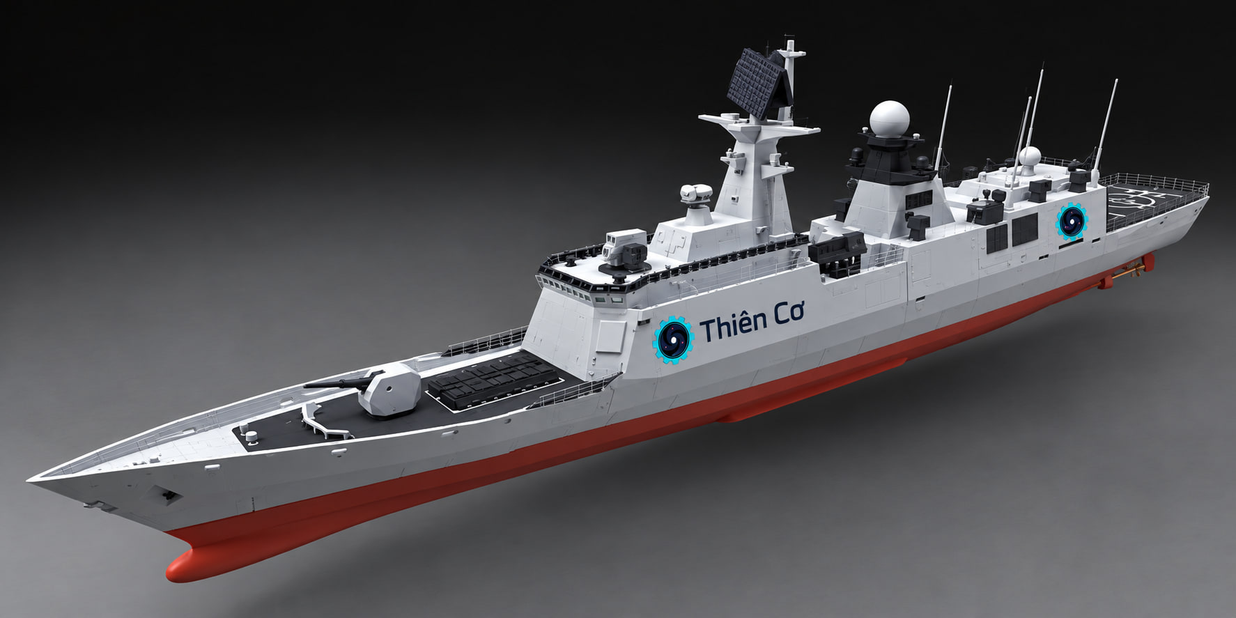 Mô hình tàu chiến hiện đại phối màu THIÊN CƠ — thân xám trắng, đáy đỏ, đầy đủ radar, bệ pháo và lan can